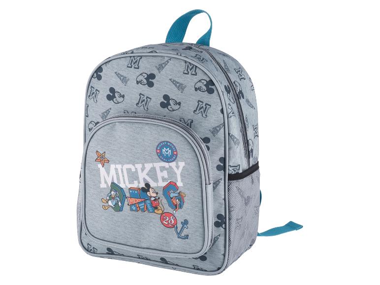 Grauer Mickey Mouse Rucksack, mit Druckmotiv.