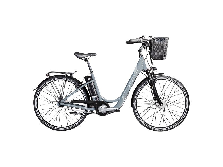 Graues Zündapp E-Bike mit Frontkorb und Gepäckträger.