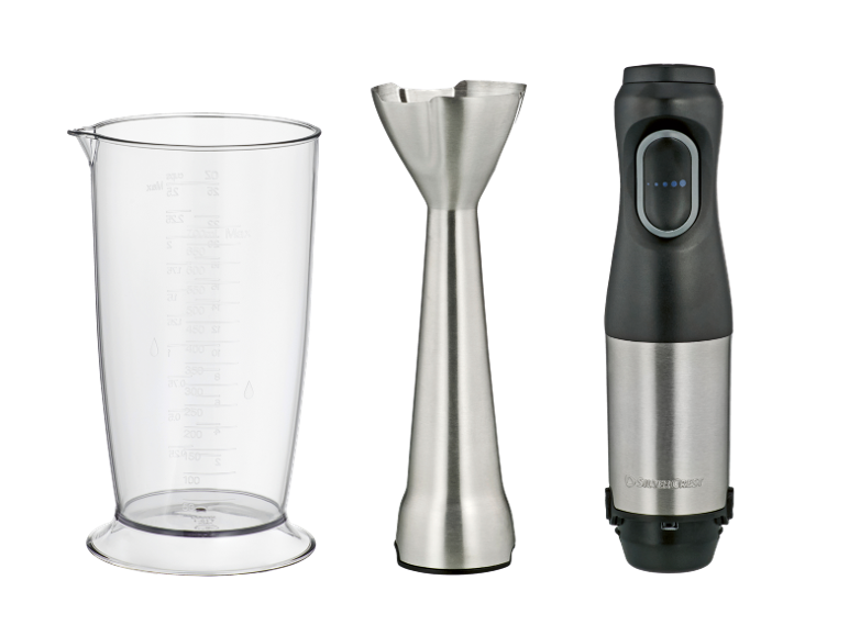 Kabelloser Stabmixer mit Edelstahl-Mixfuss und Messbecher.