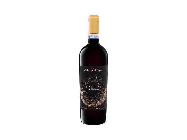 Maestro de Pigo Primitivo di Manduria IGP Rotwein, Flasche auf weißem Hintergrund.