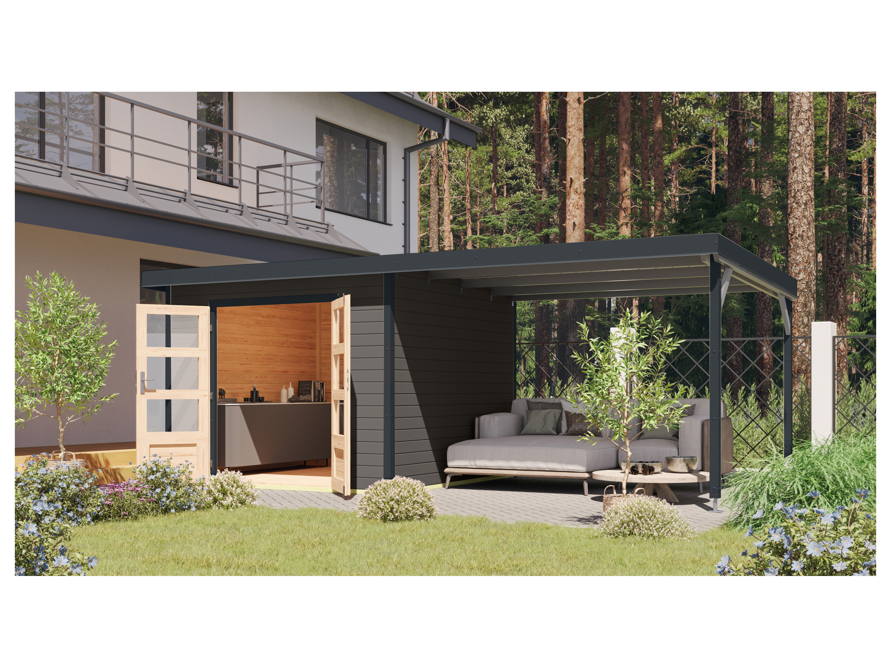KARIBU Gartenhaus Premium Hybrido (mit Anbaudach, terragrau) – Bild 2 von 3