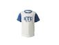 Weißes und blaues Kurzarm-T-Shirt mit „NYC MY TEAM NEW YORK CITY“-Aufdruck auf der Brust.