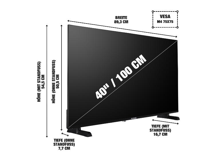 40-Zoll-Fernseher mit detaillierten Abmessungen und VESA M4 75x75 Kompatibilität.