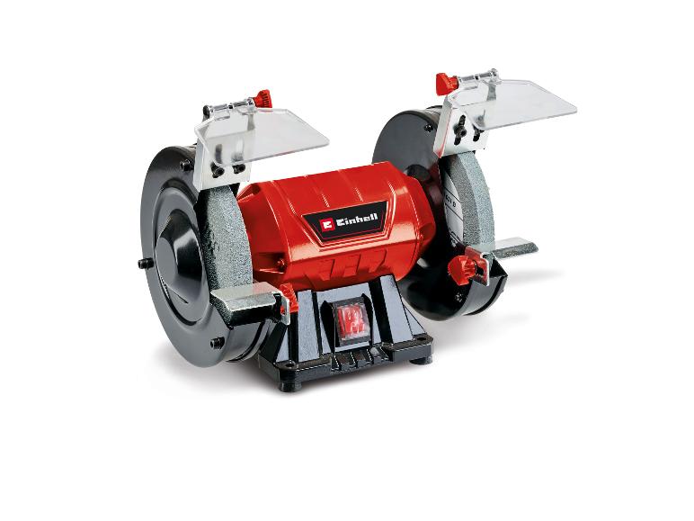 Roter und schwarzer Doppelschleifbock mit zwei Schleifscheiben und transparenten Schutzschilden.