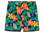Schwarze Shorts mit tropischem Muster aus Blumen und Blättern.