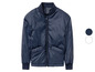 Eine dunkelblaue Bomberjacke mit Reißverschluss.