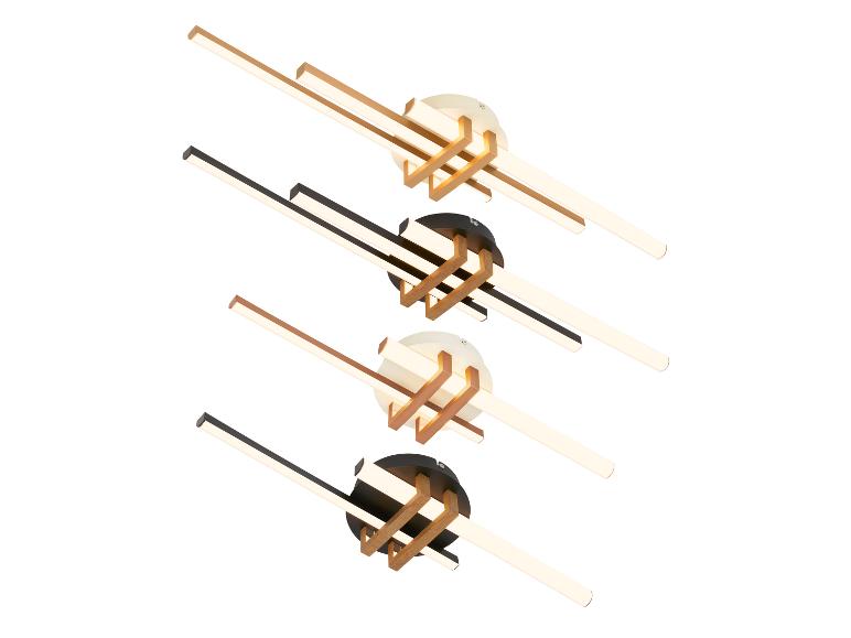 Vier moderne Deckenleuchten mit linearen Lichtquellen und Holzdetails in verschiedenen Farben.