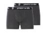 Zwei dunkelgraue Herren-Boxershorts mit schwarzem Bund und weißem Schriftzug.