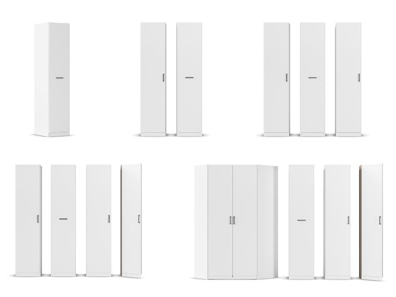 Verschiedene weiße Schränke und Kleiderschränke, darunter ein Eckschrank, auf weißem Hintergrund.