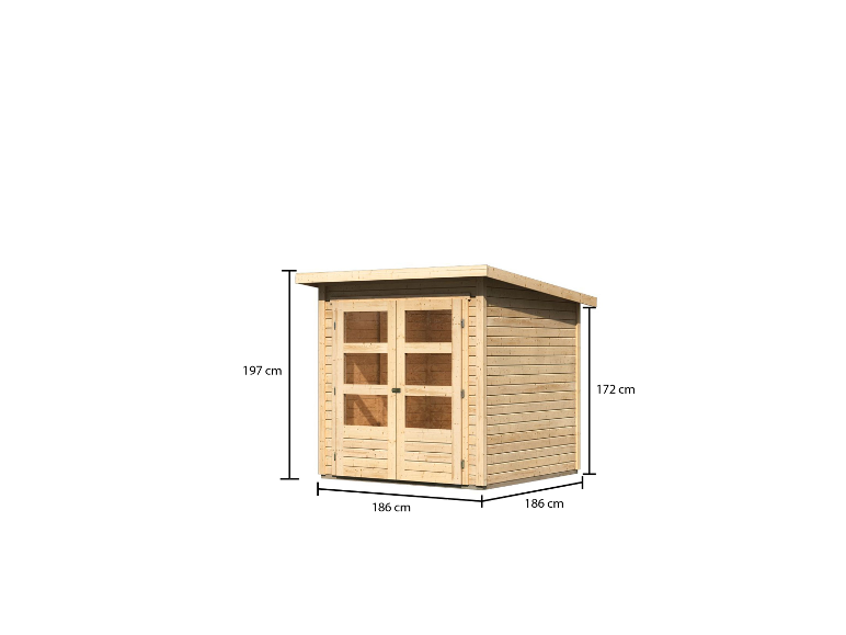 Holzhaus mit zweiflügeliger Glastür; Maße: 186 x 186 x 197 cm.