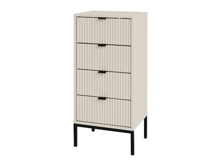 Hohe Kommode mit gewellten Schubladen und schwarzen Griffen auf schwarzen Beinen