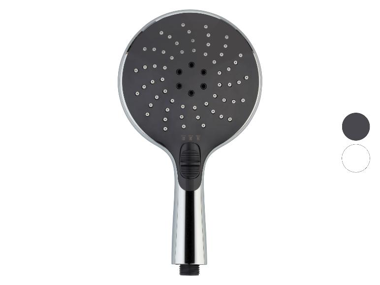 Eine schwarze Duschbrause mit Chromgriff ist abgebildet.