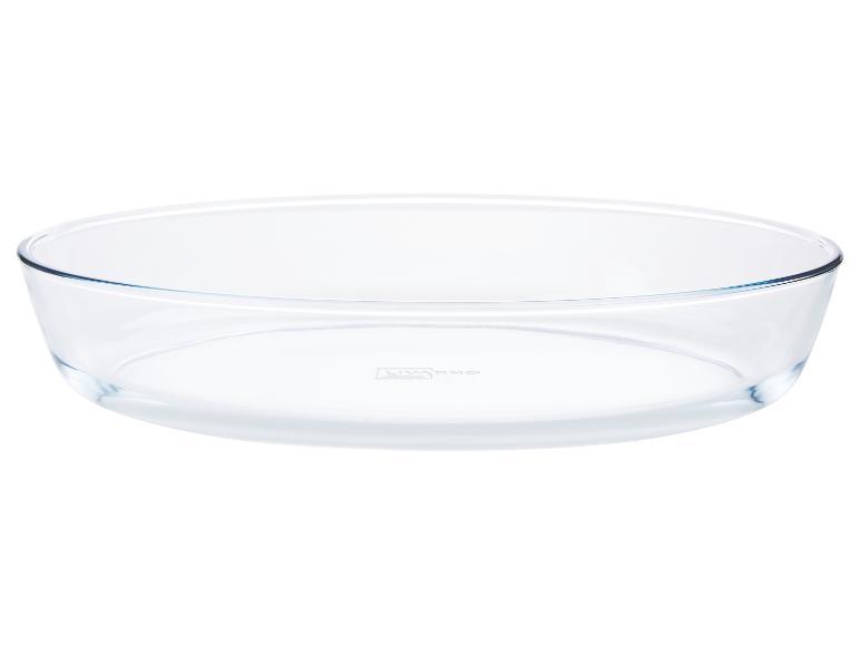 Runde, transparente Pyrex Auflaufform.