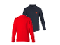 Zwei Kinder-Rollkragenpullover, ein roter mit Kompass und ein dunkelblauer mit Berg.