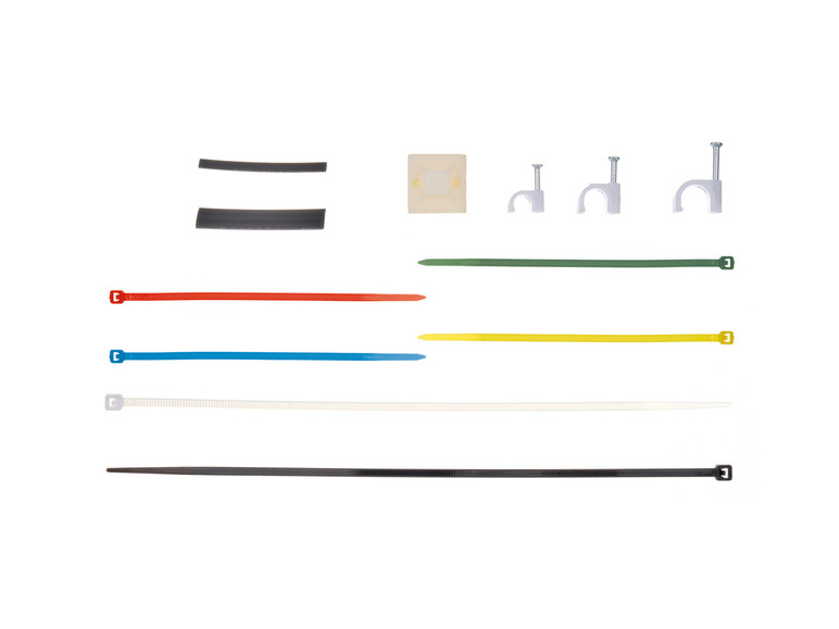 Kabelbinder in verschiedenen Farben, Kabelclips und eine Kabelrinne.