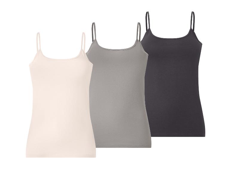 Drei Damen-Spaghettiträger-Tops in Beige, Grau und Dunkelgrau.