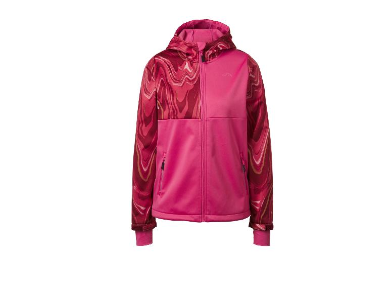 Rosa und rot gemusterte Kapuzenjacke mit Reißverschluss und Taschen.