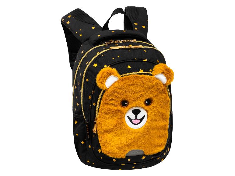 Schwarzer Kinderrucksack mit goldenem Sternenmuster und einem braunen Plüschbären auf der Vorderseite.