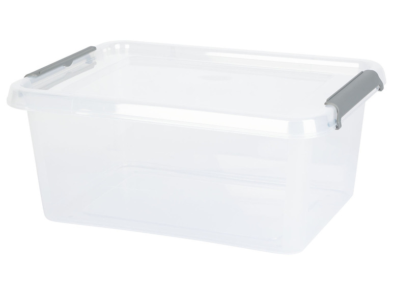Eine transparente Aufbewahrungsbox mit grauen Griffen.