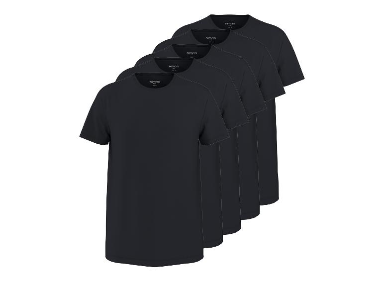 Fünf schwarze Herren-T-Shirts mit kurzen Ärmeln und Rundhalsausschnitt.