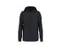 Schwarzer Kapuzenpullover mit Reißverschluss und dezentem Logo auf der Brust.
