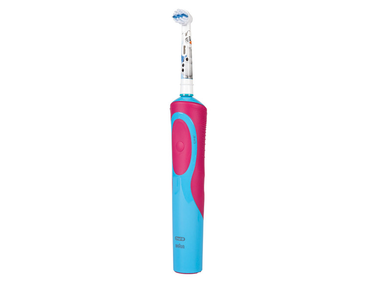 Eine rosa und blaue elektrische Zahnbürste von Oral-B mit Olaf-Motiv.