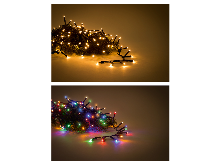 Warmweiße und bunte LED-Weihnachts-Lichterketten auf dunklem Hintergrund.