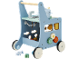 Blauer hölzerner Lauflernwagen mit Spielküche, Kochutensilien und Zahnrädern.