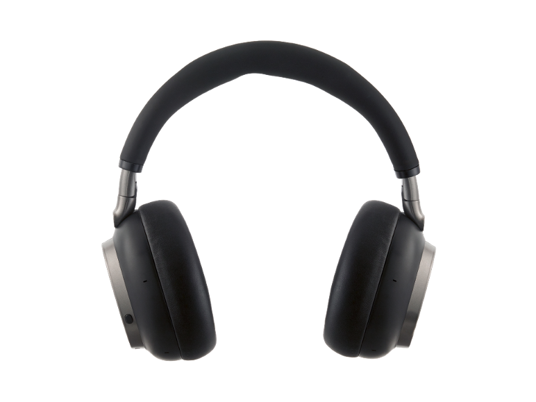 Schwarz-graue Over-Ear-Kopfhörer auf schwarzem Hintergrund.