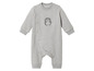 Grauer Baby-Strampler mit Igel-Motiv.