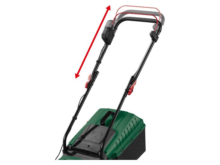 Rasenmäher mit höhenverstellbarem Griff, durch einen roten Pfeil angezeigt.