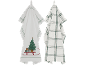 Zwei weiße Geschirrtücher: eines mit Weihnachtsbaum auf Schlitten, eines mit grünem Karomuster.