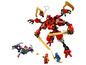 Ein roter LEGO Ninjago Roboter mit goldenen Schwertern und kleineren Figuren