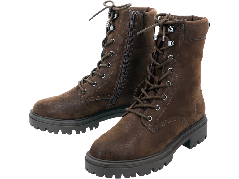 Damenstiefel in Braun mit Schnürung und Reißverschluss, mit dicker Sohle.