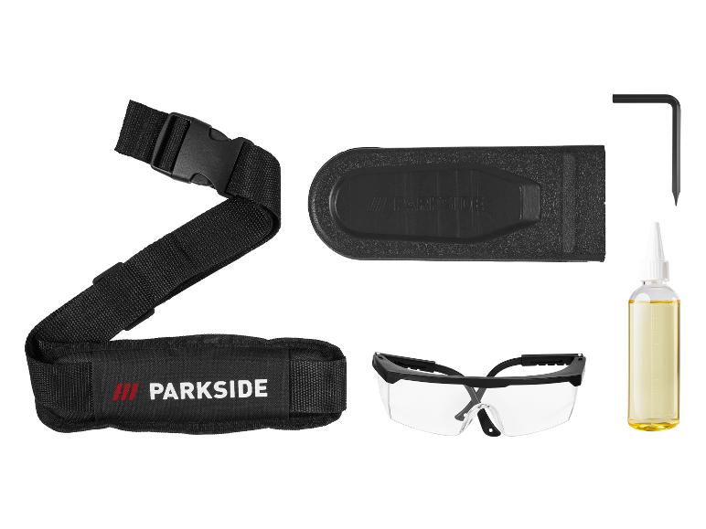 Parkside Zubehörset mit Gurt, Schutzbrille, Schwertschutz, Schlüssel und Öl.