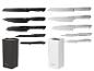 Sets schwarzer und silberner Messer mit Ständern.