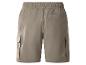 Khaki Cargo-Shorts mit elastischem Bund und Seitentaschen, Rückansicht.