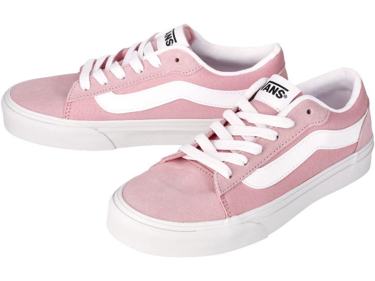 Rosa Canvas-Sneaker mit weißen Schnürsenkeln und Seitenstreifen.