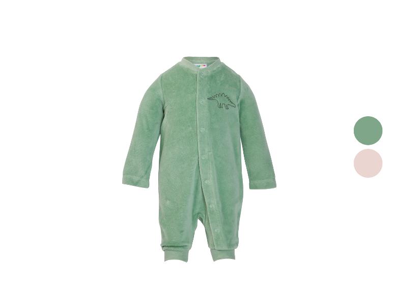 Grüner Velours-Baby-Strampler mit Dinosaurier-Stickerei.