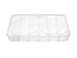 Eine transparente Plastikbox mit mehreren Fächern.