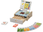 Spielzeug-Holzkasse mit Banknoten, Karten und Produkten.