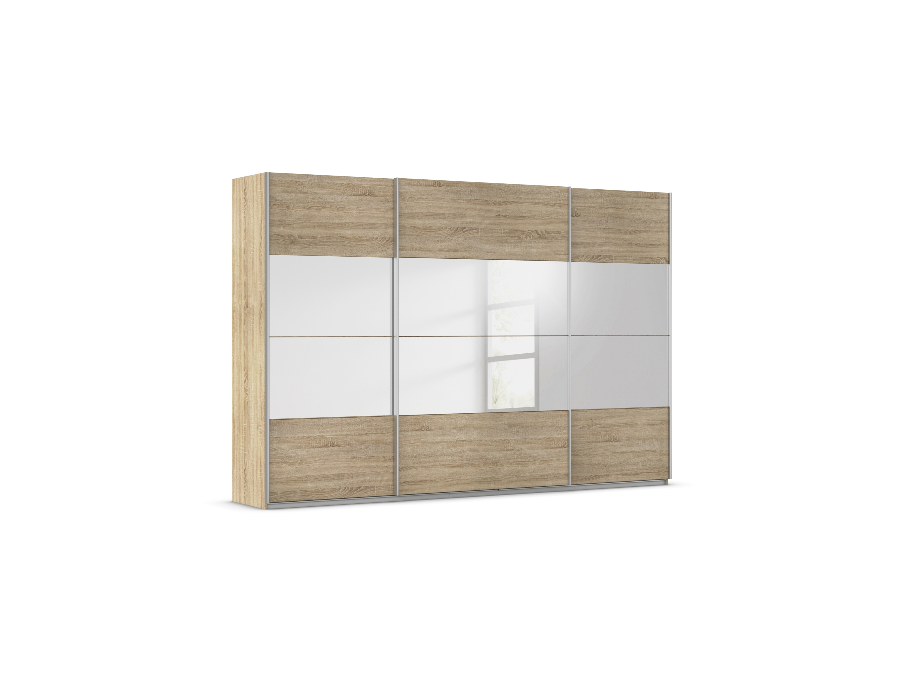 RAUCH ORANGE Quadra Schwebetürenschrank mit Spiegelelementen (Basic-Zubehör, Korpus: Eiche, 315 x 210 cm)