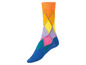 Eine blaue Socke mit einem Argyle-Muster in verschiedenen Farben.