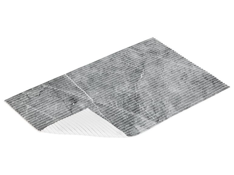 Eine graue Badezimmermatte mit Marmormuster.