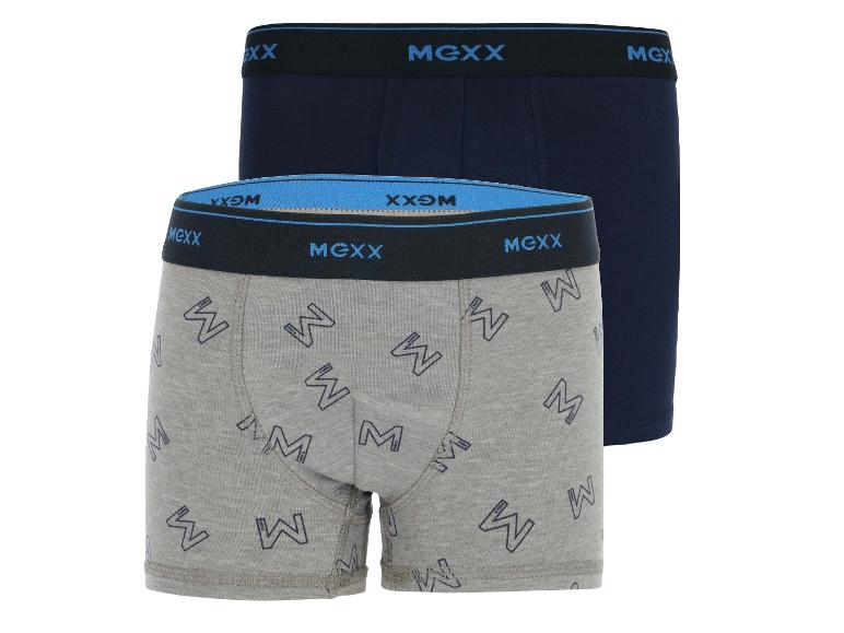 Zwei Boxer-Shorts von Mexx, eine graue mit einem 'M'-Muster und eine dunkelblaue.