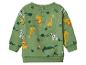 Grünes Baby-Sweatshirt mit farbenfrohem Safari-Tiermuster, darunter Löwen, Giraffen, Zebras und Krokodile.