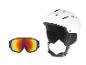 Weißer Skihelm und Skibrille mit orangefarbenen verspiegelten Gläsern.