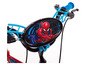 Ein blaues und rotes Spiderman Kinderfahrrad mit Griffen und einer Klingel.
