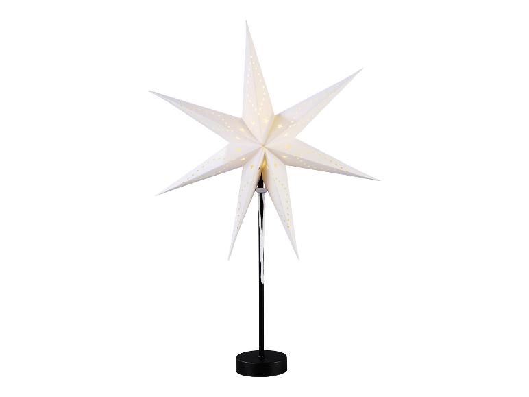 Weißer Papierstern mit Lichtern auf einem schwarzen Ständer.