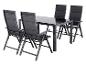 Gartenmöbel-Set: schwarzer Tisch und vier klappbare Stoffstühle.